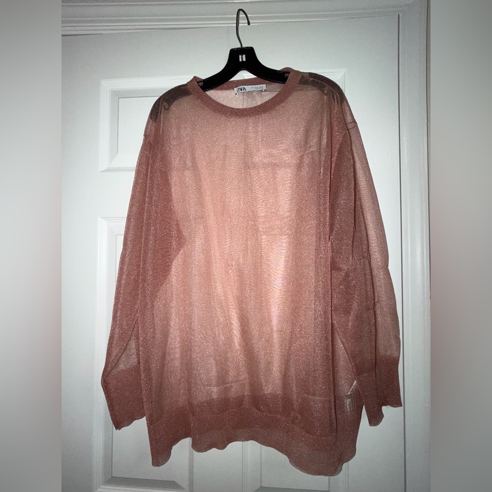 ZARA Sheer Sparkly Pink Long Sleeve Oversized Light Weight Blouse Top Medium - Picture 5 of 6
